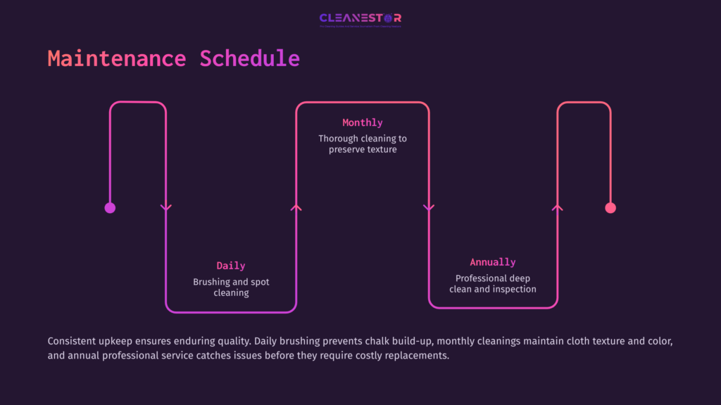 Flowchart Outlining A Maintenance Schedule For Simonis Cloth, Featuring Daily, Monthly, And Annual Cleaning Tasks In A Dark Theme.