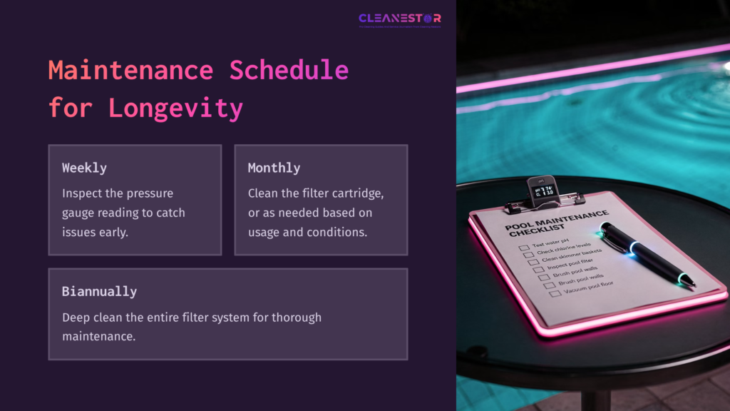 Purple Background With A Checklist On A Clipboard. Text Outlines A Maintenance Schedule For Longevity Of A Carvin Pool Filter.