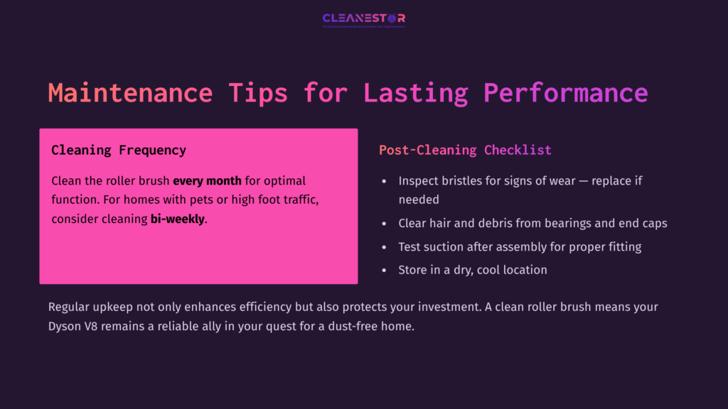 Bright Pink Box On A Dark Background Outlines Cleaning Tips For Dyson V8 Roller Brush, Emphasizing Maintenance Frequency And Post-Cleaning Checks.