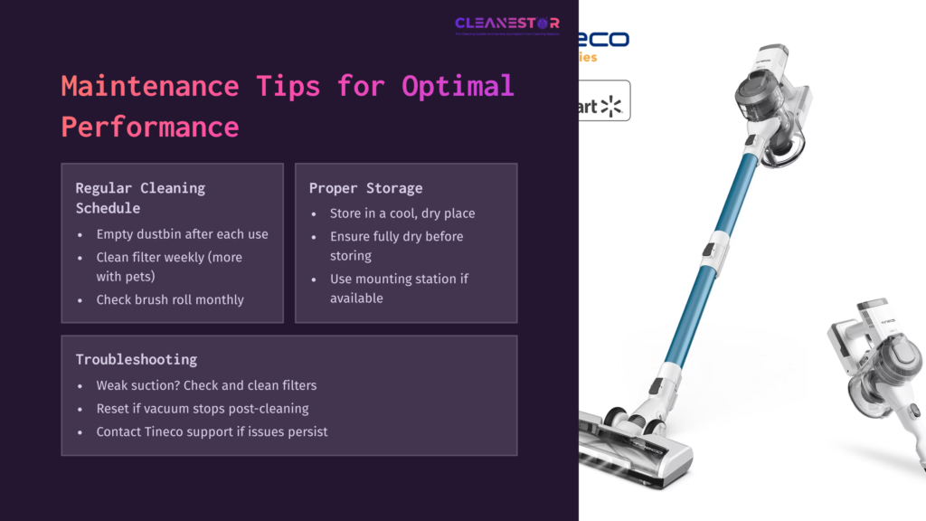 Graphic Featuring A Tineco Vacuum On The Right, With Maintenance Tips In Purple Text On The Left, Outlining Cleaning And Storage Recommendations.