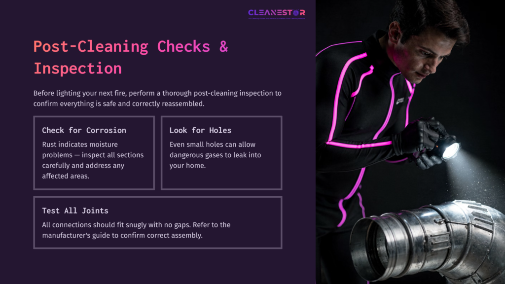 A Person In A Black Outfit With Pink Accents Inspects A Metal Stove Pipe, Focusing On Joints And Potential Issues. Purple Background With Text.