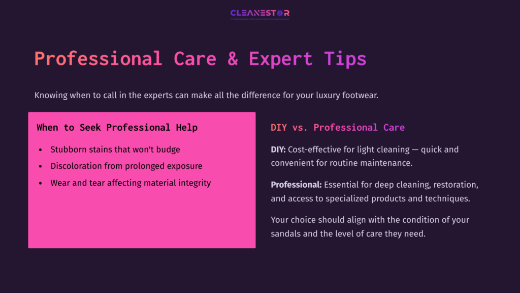 Text On A Dark Purple Background Discussing Professional Care Vs. Diy For Luxury Footwear, With Key Points Highlighted In Contrasting Colors.