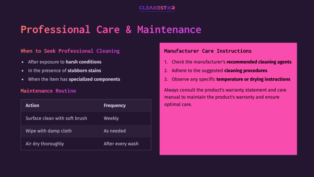 Text On A Dark Background Detailing Care Instructions For Ballistic Nylon, With Highlighted Sections In Vibrant Pink And A Cleaning Schedule.