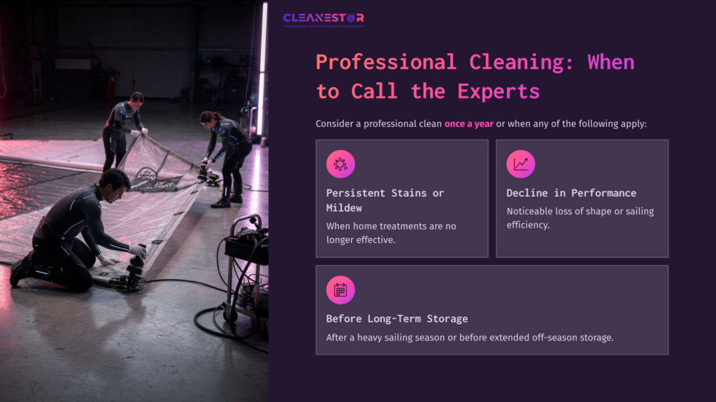 10 Professional Cleaning When To Call The Experts Two Individuals Cleaning A Sail In A Dimly Lit Warehouse, With A Large, Folded Sail On The Floor And Bright Lights In The Background.