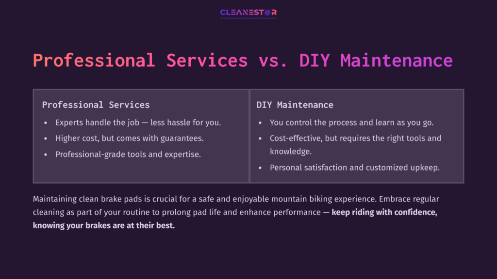 Comparison Chart Highlighting &Quot;Professional Services&Quot; And &Quot;Diy Maintenance&Quot; For Mountain Bike Brake Pads, Using Purple And White Text On A Dark Background.