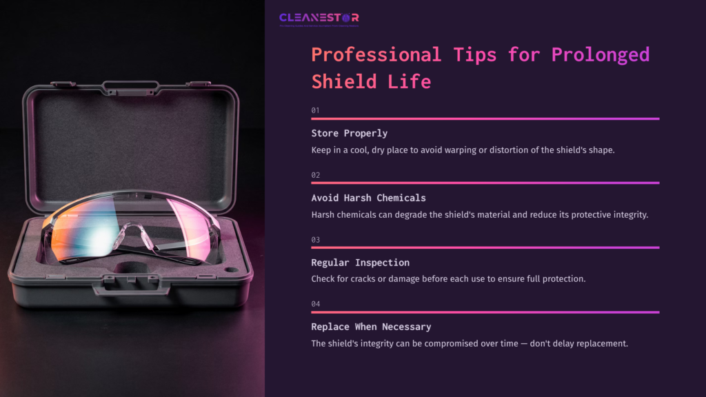 Glossy Face Shield In A Protective Case Against A Dark Background, With Tips For Maintenance In Vibrant Pink And White Text.