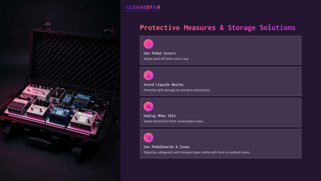 A Guitar Pedal Case With Multiple Effects Pedals Arranged Inside, Set Against A Purple Background, Highlighting Storage Tips For Musicians.