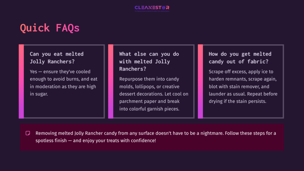 Purple And Pink Text Boxes On A Dark Background Outline Faqs About Cleaning Melted Jolly Rancher Candy, With A Neat, Organized Layout.