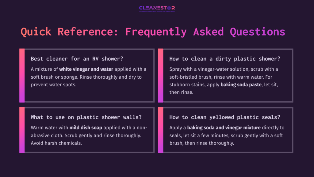 Purple-Themed Infographic With Four Boxes Answering Rv Shower Cleaning Faqs, Featuring Text And Bullet Points For Cleaning Tips.