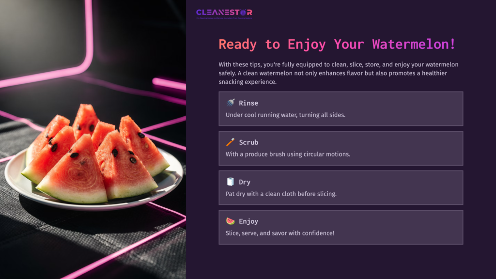 Slices Of Watermelon On A Dark Surface With Pink Neon Accents, Accompanied By Text Instructions On Cleaning And Enjoying Watermelon.