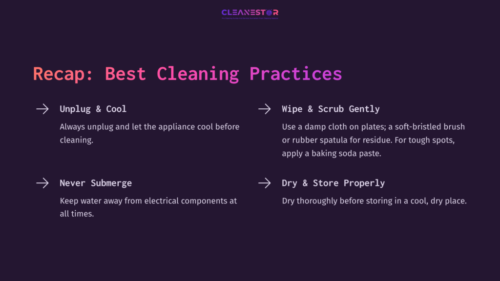 Graphic Outlining Best Cleaning Practices For A Dash Waffle Maker, Featuring Bullet Points In White Text On A Dark Background With Arrows.