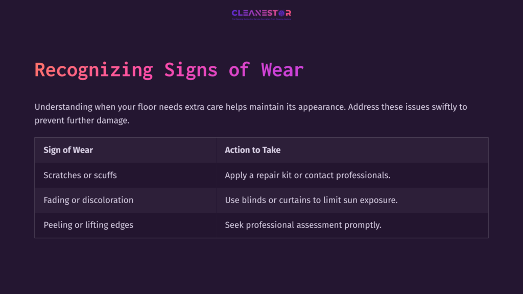 A Dark-Themed Graphic Listing Signs Of Wear On Rigid Core Flooring, With Suggested Actions For Each Sign Arranged In A Clear Format.