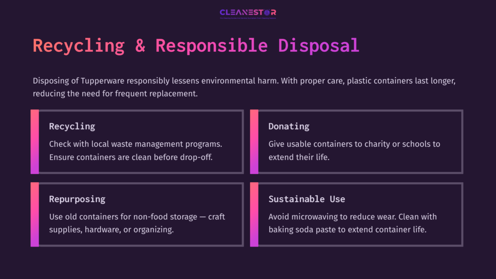 Text On A Dark Background Outlines Methods For Recycling, Donating, Repurposing, And Sustainable Use Of Tupperware, With Visually Distinct Sections.