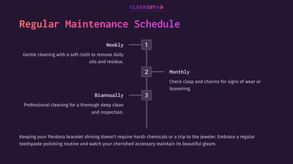 Regular Maintenance Schedule For Cleaning A Pandora Bracelet, Detailing Weekly, Monthly, And Biannual Tasks In A Clear Layout.