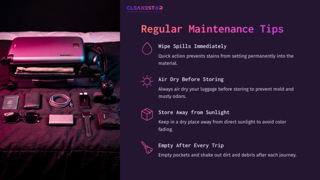 A Purple And Black Setup Featuring A Suitcase, Cleaning Supplies, And Travel Accessories, With Text Highlighting Luggage Maintenance Tips.