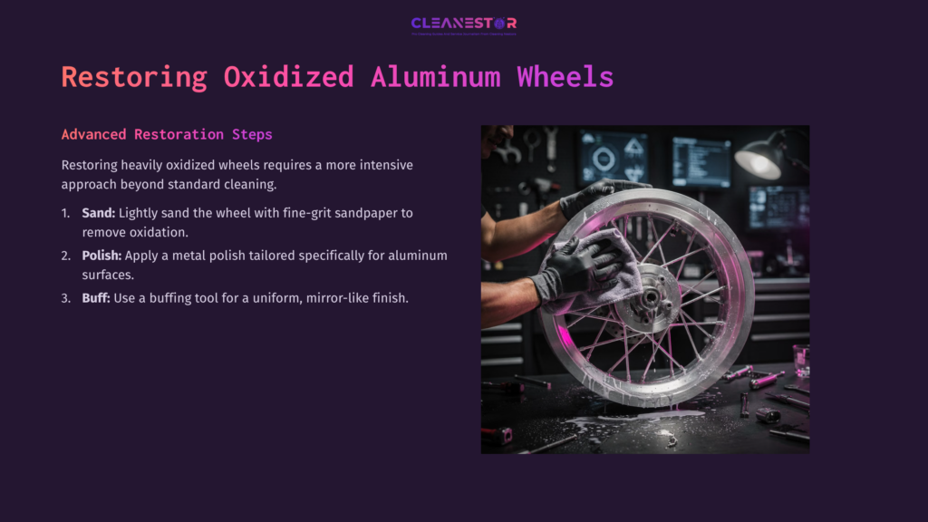 10 Restoring Oxidized Aluminum Wheels A Person Sanding An Oxidized Aluminum Motorcycle Wheel, With Polishing Materials And Tools Visible On A Dark, Organized Workspace.