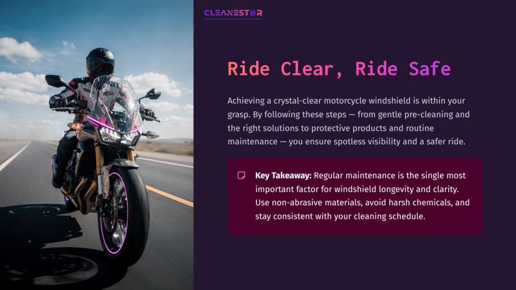 10 Ride Clear Ride Safe Motorcycle Rider In Gear, Riding On A Scenic Road. Bright Colors Enhance Safety And Highlight Maintenance Importance For Clear Windshields.