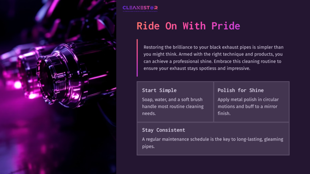 A Close-Up Of A Shiny Black Exhaust Pipe With A Purple Glow, Accompanied By Cleaning Tips And A Bold Title On A Dark Background.