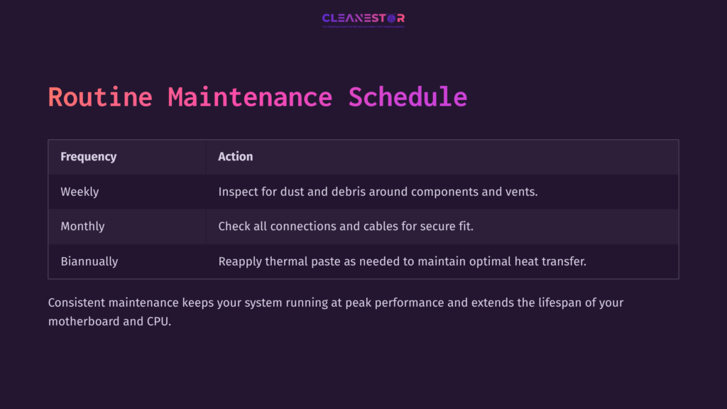 Routine Maintenance Schedule Highlighting Actions For Motherboard Care, Featuring A Purple Background With White And Pink Text.