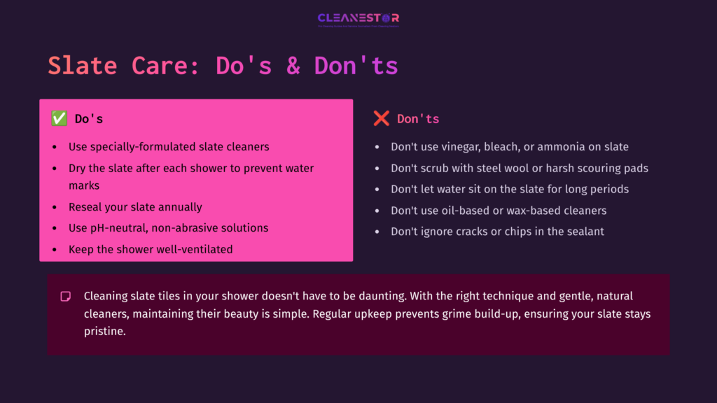 10 Slate Care Dos And Donts Slate Care Tips: A List Of Dos And Don’ts, Featuring A Bold Header And Contrasting Colors, Emphasizing Cleaning Guidelines For Slate Tiles.