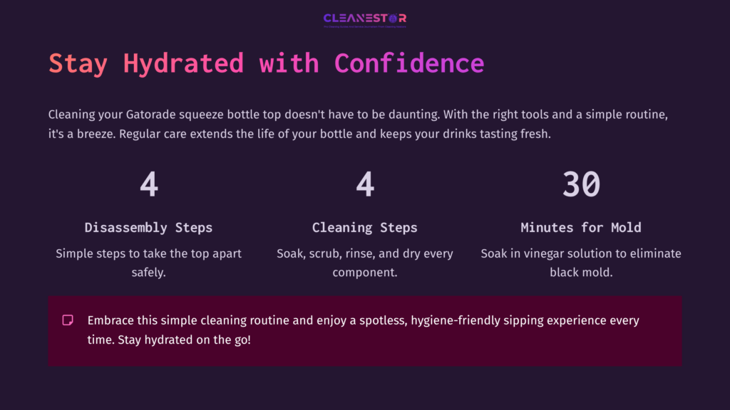 Text On A Gradient Background Detailing Steps To Clean A Gatorade Squeeze Bottle, Highlighting Disassembly, Cleaning, And Soaking Times.
