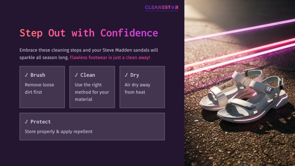 10 Step Out With Confidence White Steve Madden Sandals Are Shown Alongside Cleaning Tips In A Vibrant Layout With Purple And Pink Neon Accents.