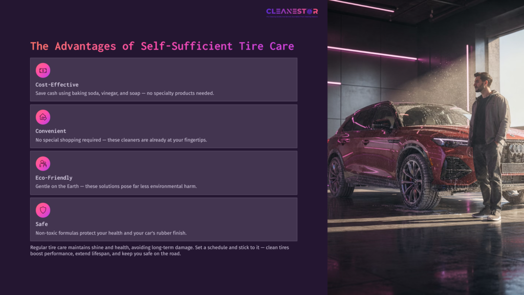 A Man Stands Beside A Shiny Purple Suv, Discussing Tire Care Tips. Text Highlights Advantages Like Cost-Effectiveness And Eco-Friendliness.