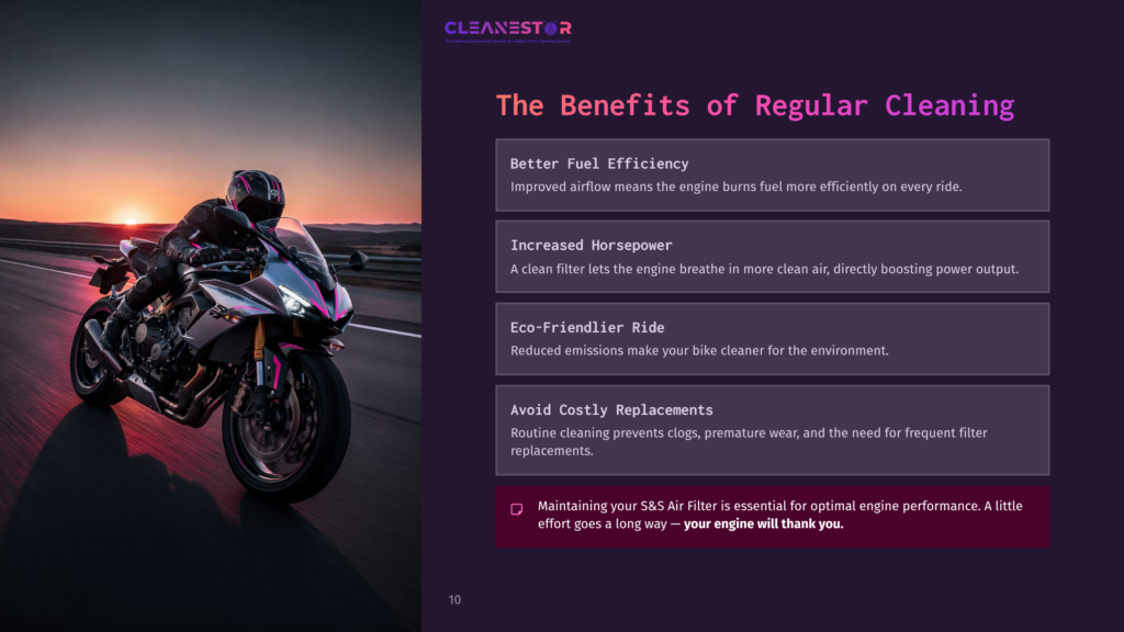 A Sleek Motorcycle Rides On A Highway At Sunset, With Text Highlighting Benefits Of Regular Air Filter Cleaning On The Right Side.