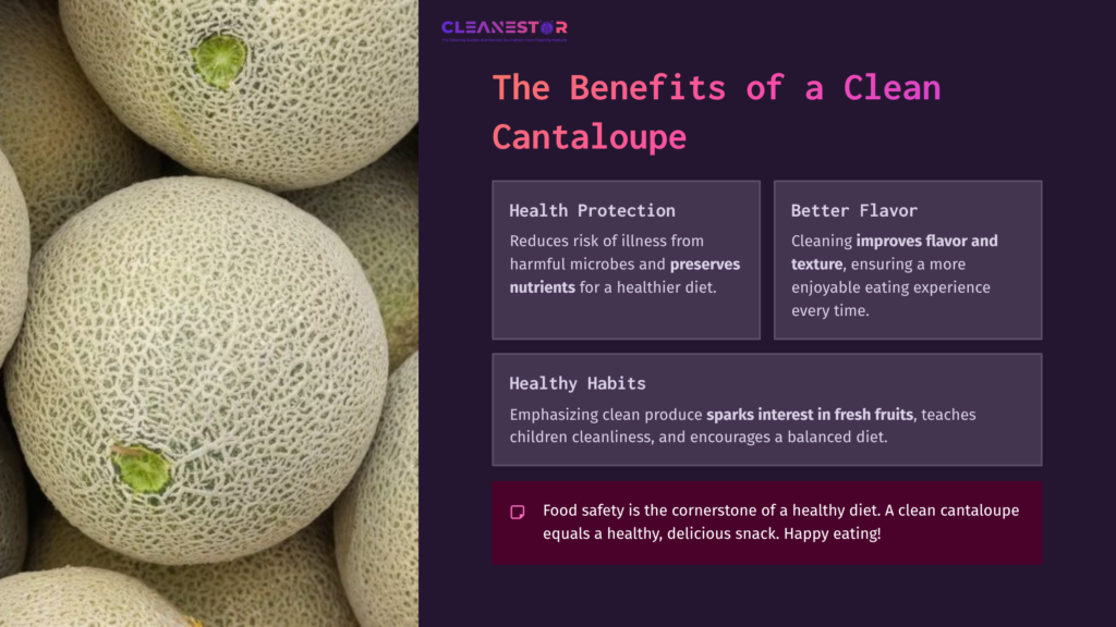 Close-Up Of Cantaloupes With Textured Skin, Overlaid With A Dark Purple Box Highlighting Health Benefits And Cleaning Tips.