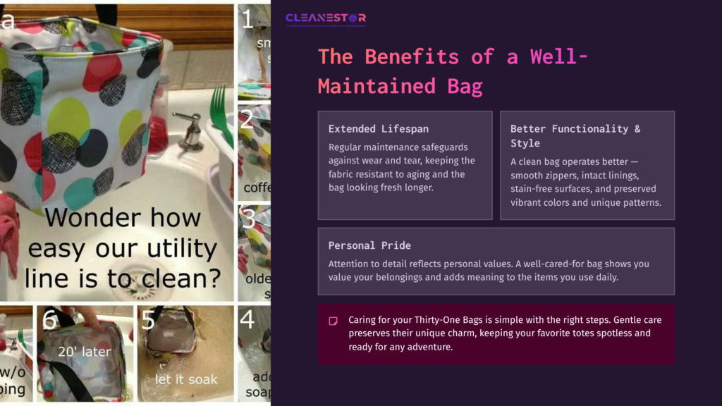 A Sink With A Colorful Thirty-One Utility Bag Soaking Inside, Surrounded By Cleaning Supplies And A Guide Highlighting Maintenance Benefits.