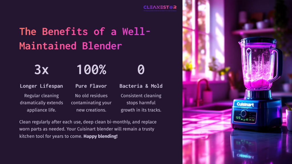 Text-Filled Infographic Highlighting The Benefits Of A Well-Maintained Cuisinart Blender, Featuring Vibrant Colors And A Kitchen Backdrop.