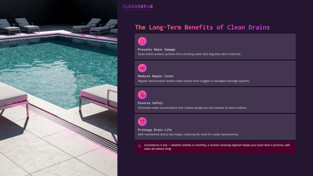 A Modern Swimming Pool With Vibrant Blue Water, Surrounded By A Stylish Deck. Text Highlights The Benefits Of Maintaining Clean Drains.