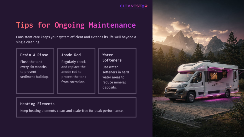 A Camper Parked Near Mountains At Dusk, With A List Of Maintenance Tips In Purple Text On The Left, Emphasizing Rv Care.