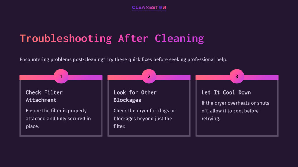 Infographic With Three Troubleshooting Tips After Cleaning A Hair Dryer Filter, Featuring Pink Accents On A Dark Background.