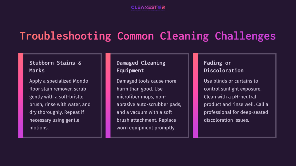 Three Sections Of Text On A Dark Background Highlight Cleaning Tips: Stubborn Stains, Damaged Equipment, And Fading Discoloration.