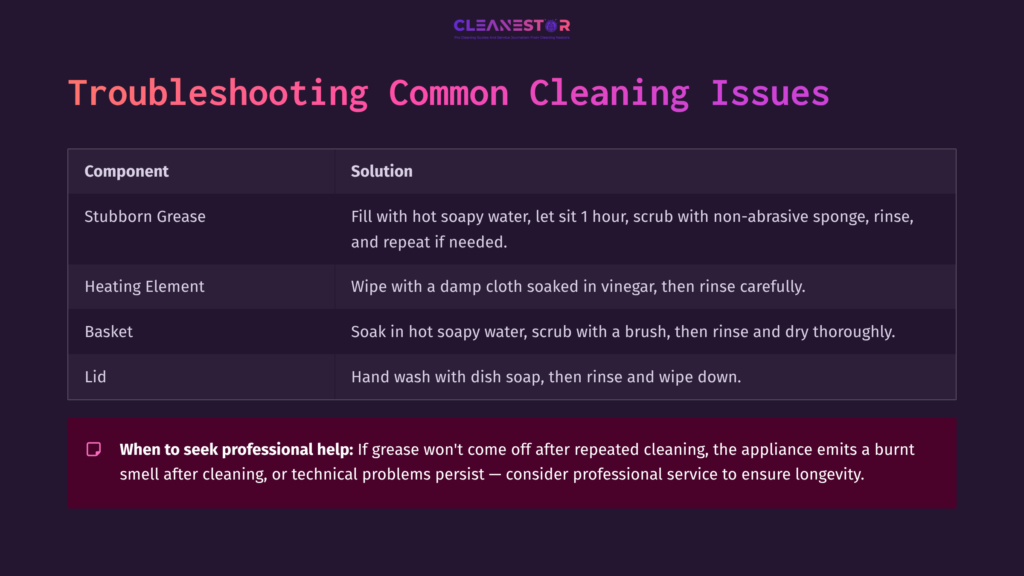 Text On A Dark Purple Background Outlining Cleaning Solutions For A Fry Daddy, Including Steps With Specific Products And Techniques.