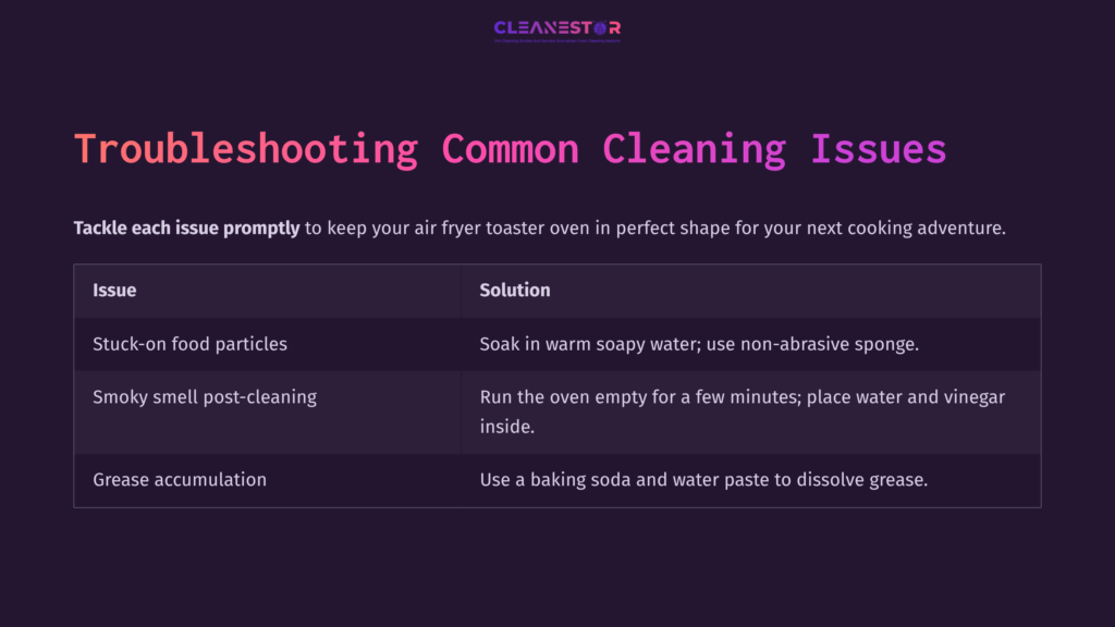 10 Troubleshooting Common Cleaning Issues Table With Troubleshooting Tips For Cleaning An Air Fryer Toaster Oven, Featuring Headings For Issues And Solutions Against A Dark Purple Background.