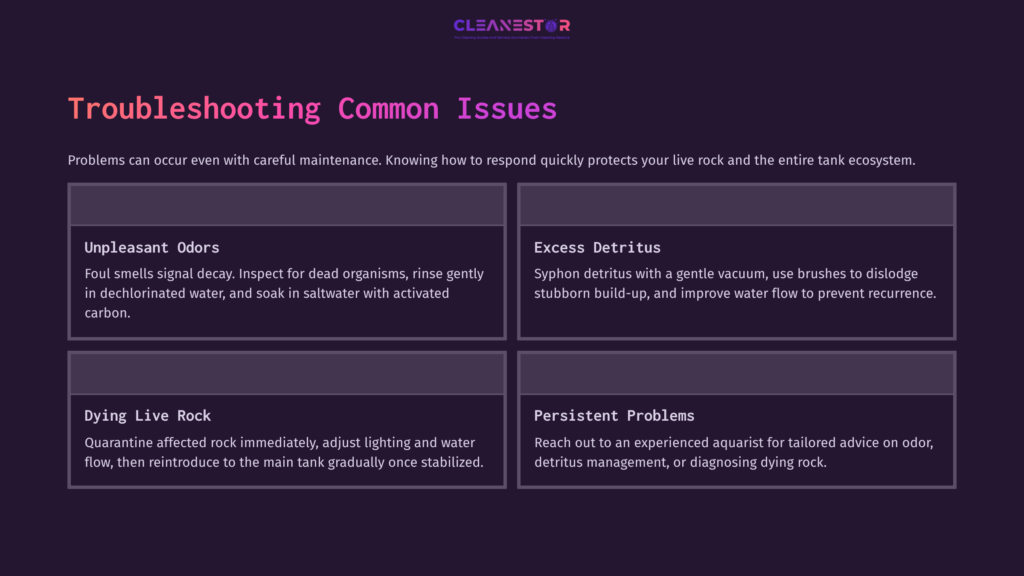 Purple Background With A Grid Layout Displaying Troubleshooting Tips For Live Rock Care, Highlighting Unpleasant Odors, Excess Detritus, And Persistent Problems.