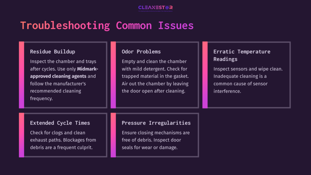 Informational Graphic Outlining Common Issues With Midmark Autoclaves, Featuring Four Key Categories In Pink And White Text On A Dark Background.