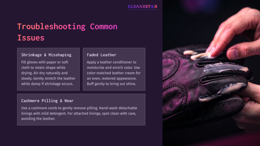 Close-Up Of A Dark Leather Glove With A Cashmere Lining, Featuring Text Boxes Outlining Common Cleaning Issues And Solutions.