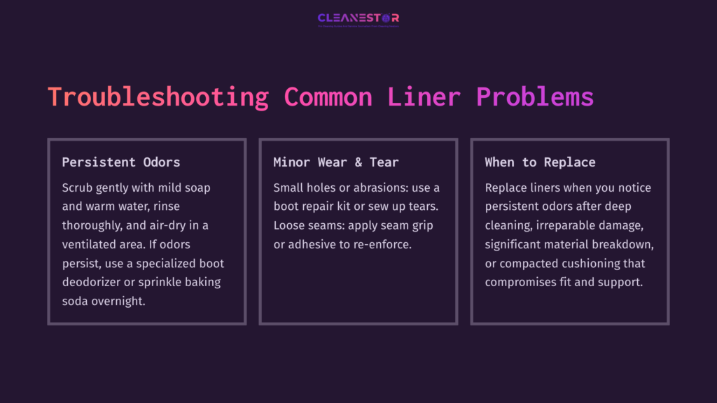 Three Panels On A Dark Purple Background Discussing Ski Boot Liner Issues: Persistent Odors, Minor Wear &Amp; Tear, And Replacement Guidance.