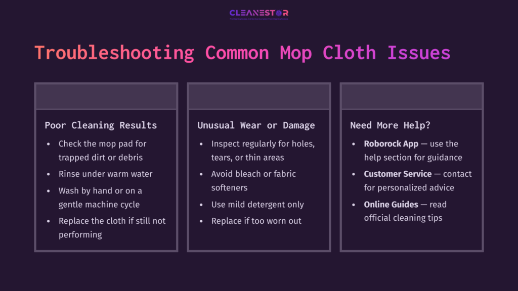Purple Background With A White And Pink Text Layout Outlining Troubleshooting Tips For Roborock Mop Cloth Issues, Including Cleaning Advice.