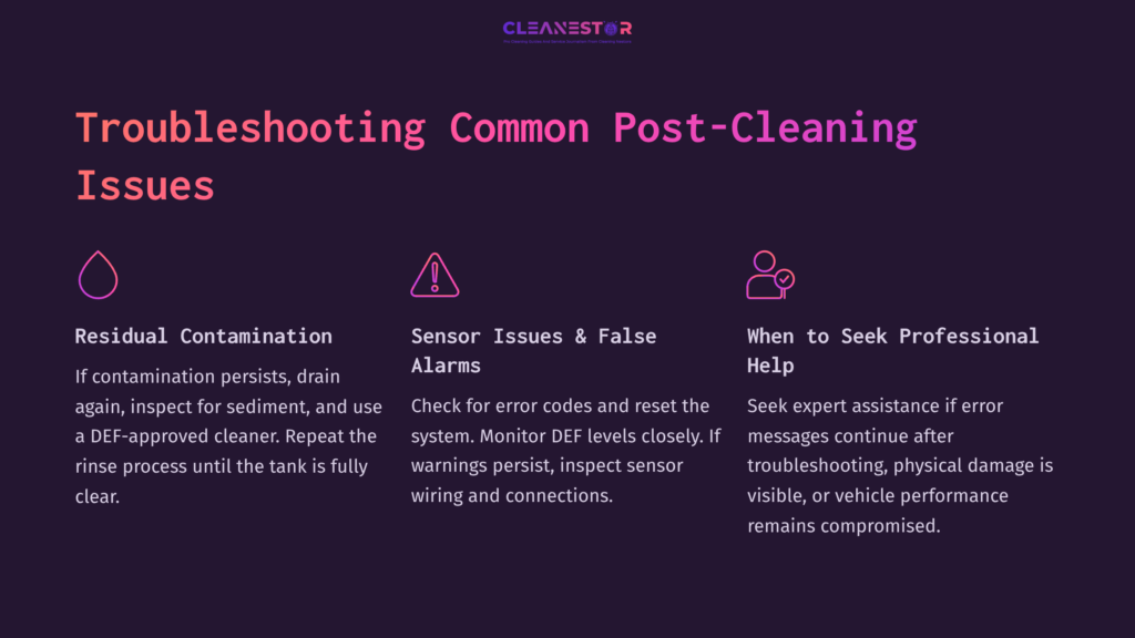 10 Troubleshooting Common Post Cleaning Issues Text On A Dark Background Outlines Troubleshooting Steps For Post-Cleaning Issues, Including Contamination And Sensor Alarms.