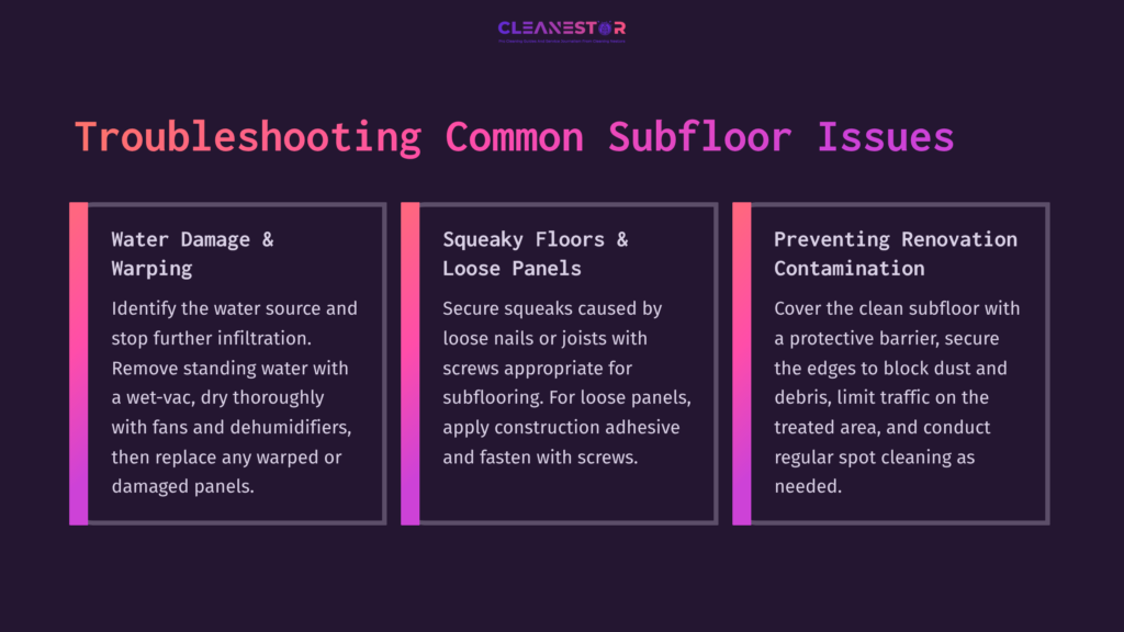 Colorful Infographic With Headings And Text Boxes On Troubleshooting Subfloor Issues; Includes Sections On Water Damage, Squeaky Floors, And Contamination Prevention.