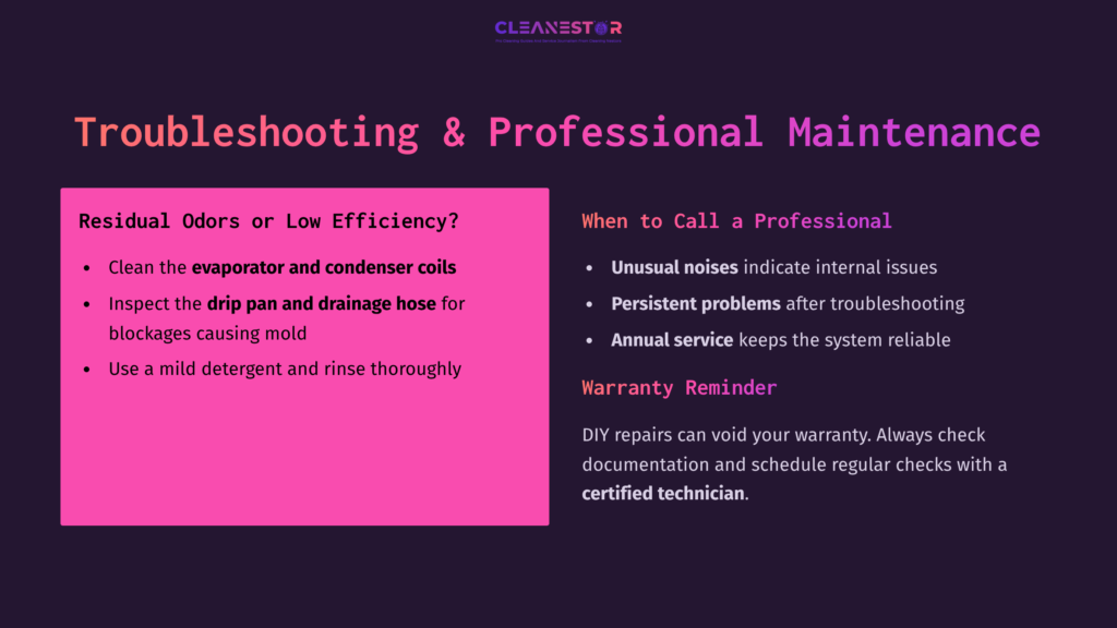 Troubleshooting Guide For Mitsubishi Mini Split, Featuring Tips On Cleaning Coils, Checking For Issues, And Warranty Reminders In Purple And Pink Text.