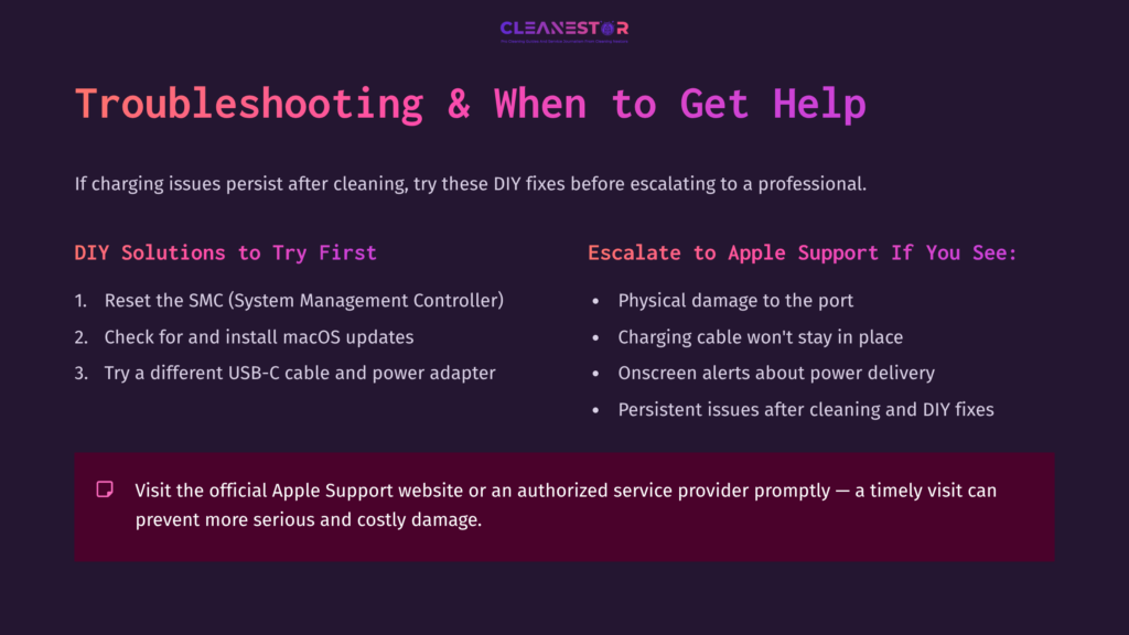 Purple And Pink Background With White Text Listing Troubleshooting Steps For Macbook Air Charging Issues, Highlighted Tips, And Support Options.