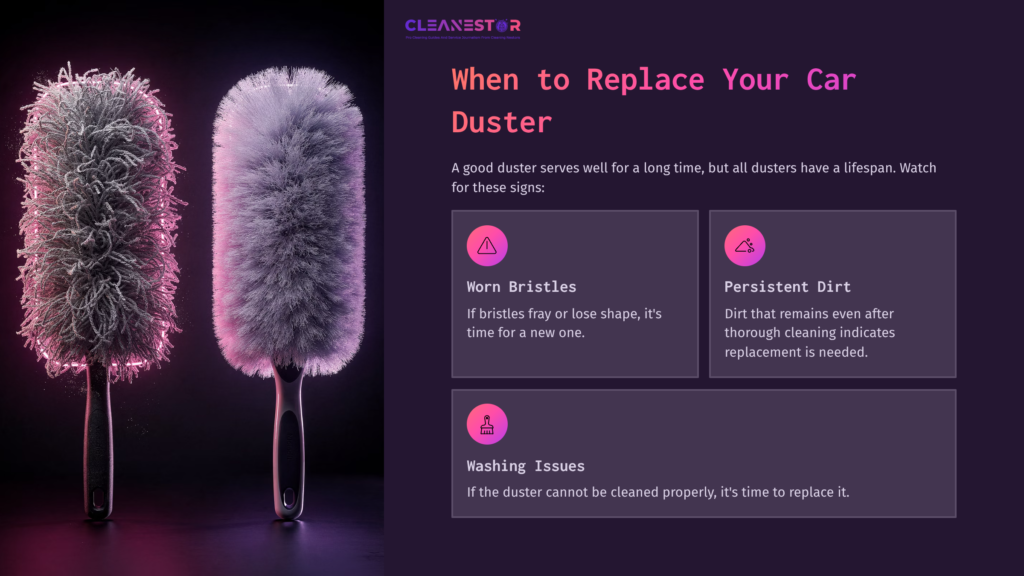 A Car Duster With Fluffy Bristles On A Dark Background, Accompanied By Text Outlining Signs For Replacement: Worn Bristles, Dirt Issues, And Washing Problems.