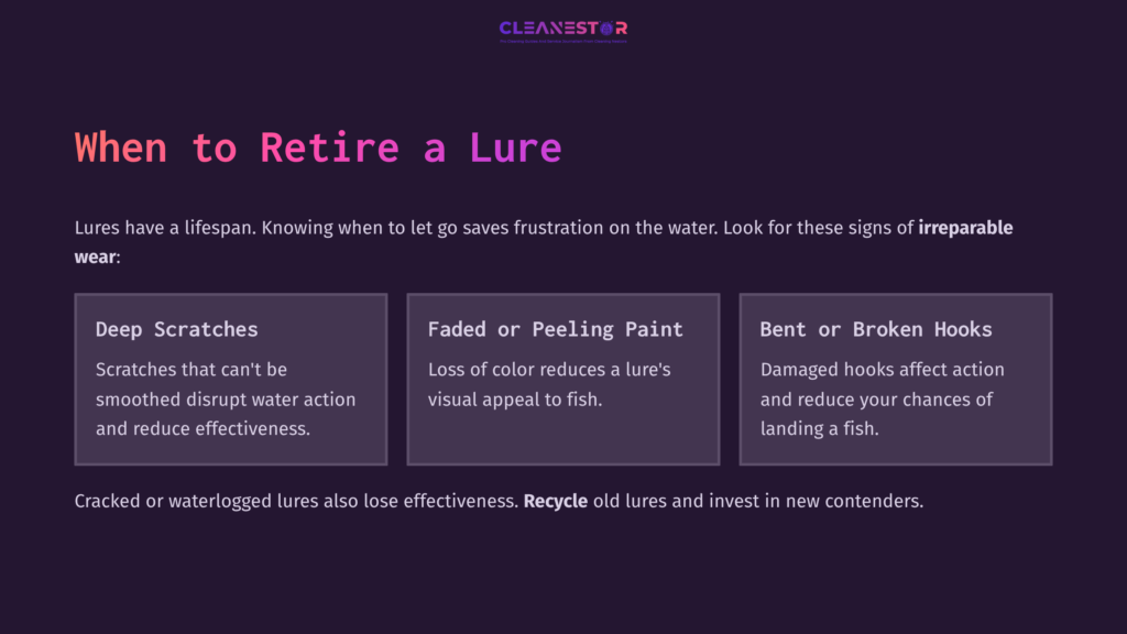 Three Sections Outline Signs To Retire A Fishing Lure: &Quot;Debris,&Quot; &Quot;Faded Or Peeling Paint,&Quot; And &Quot;Bent Or Broken Hooks,&Quot; With Purple Accents.