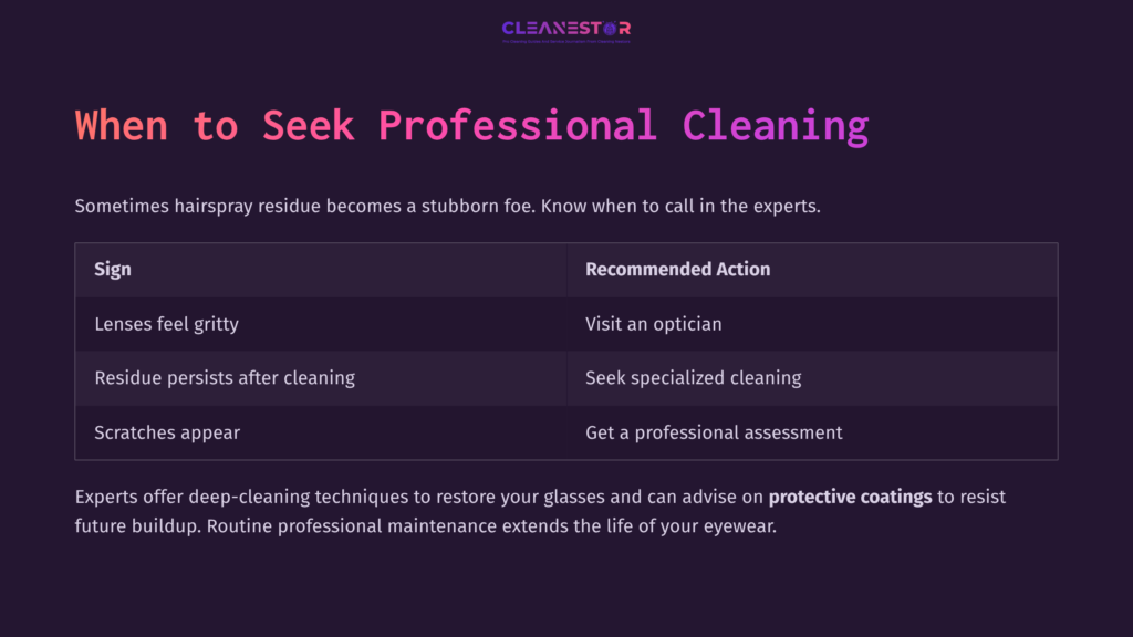 A Table With A Dark Purple Background Detailing Signs To Seek Professional Cleaning For Glasses, With Recommended Actions Listed.