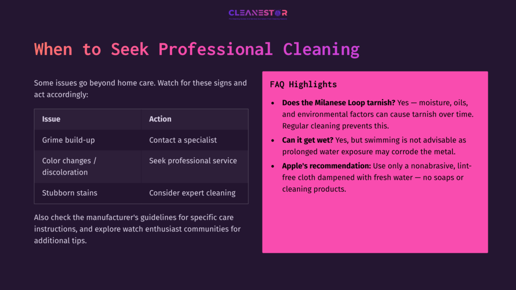 Milanese Loop Cleaning Guide With A Purple Background, Bold Headings, And Pink Faq Box Detailing Care Actions And Recommendations.